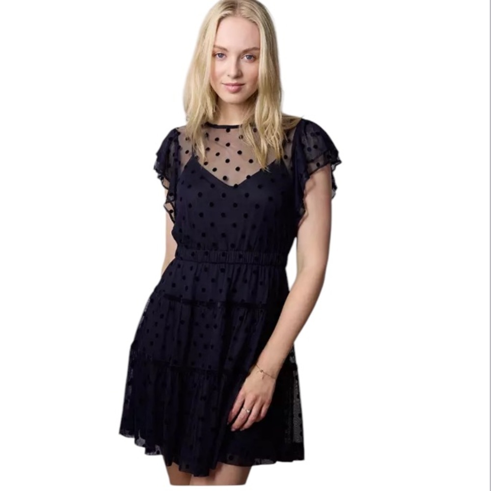 LC Lauren Conrad Women’s Sheer Velour Polka Dots Tiered Fit Flare Mini Dress XS